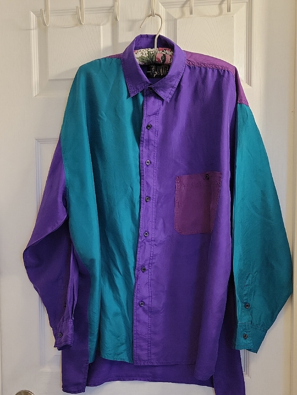 Fluid 80's 100% Silk Color Block Long Sleeve Shirt Sz L. Front Pocket.
